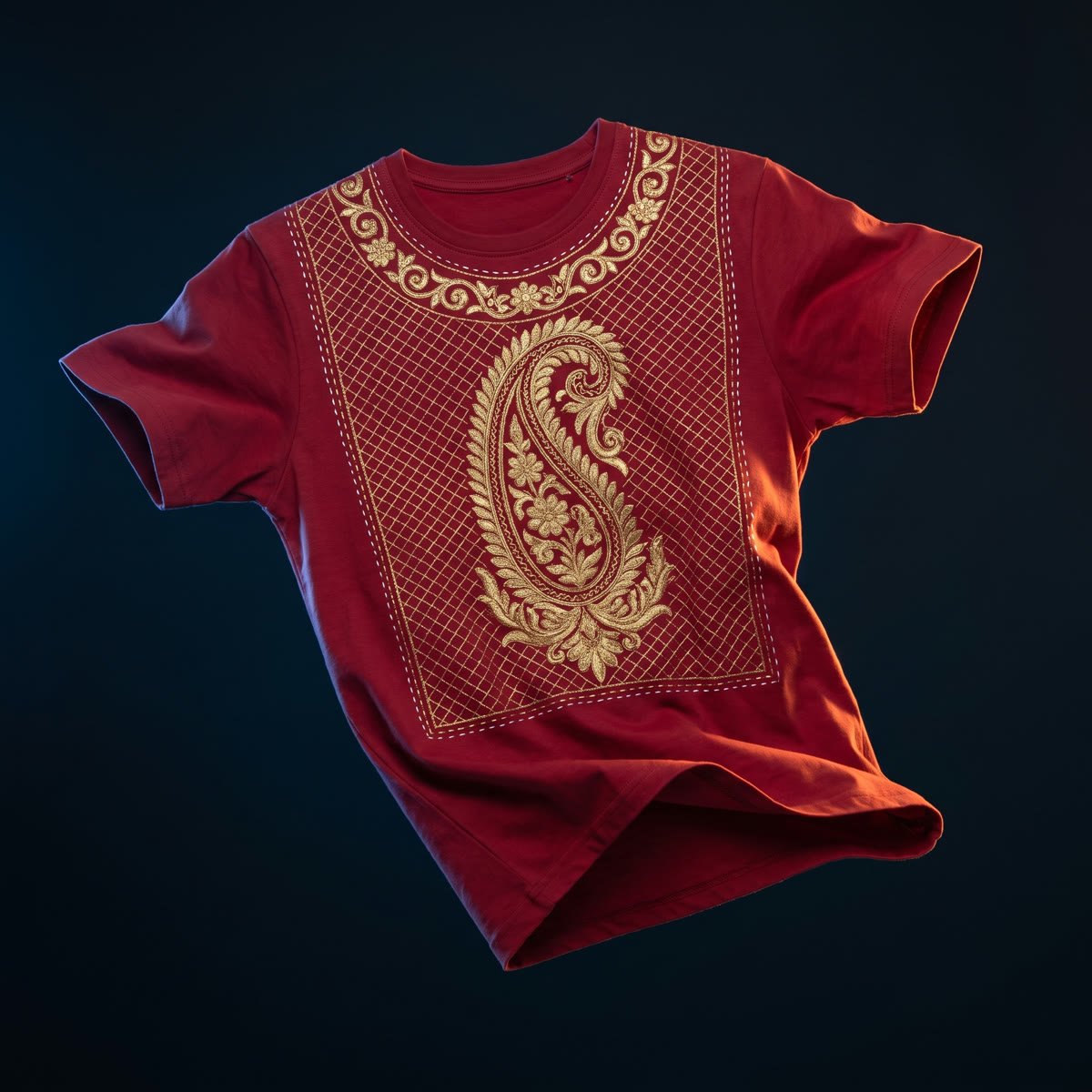 Drop 001, Banarasi: Kalga, one kalga, filled with floral scrollwork, on a jaal ground on deep crimson cotton.