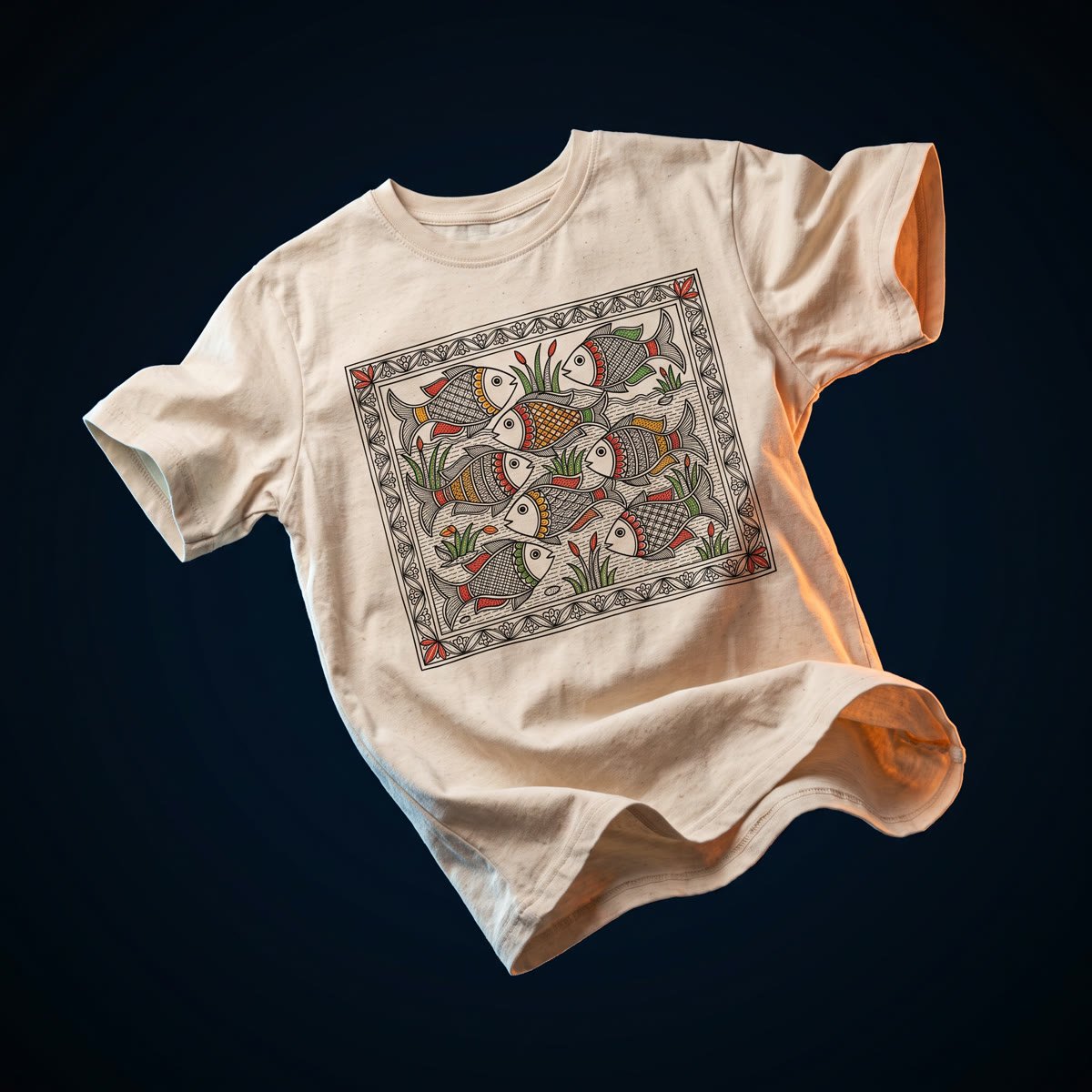 Drop 003, Madhubani: Machh, a shoal of fish, hatched bodies, selective fills on undyed ecru cotton.
