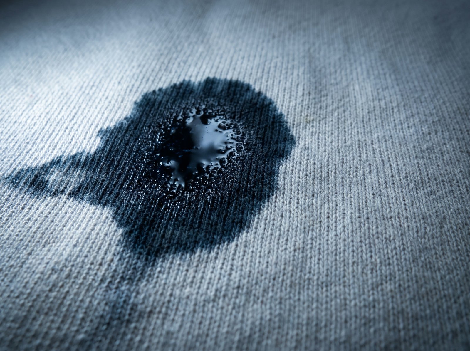 Raw undyed cotton with a fresh ink bloom spreading through the weave.