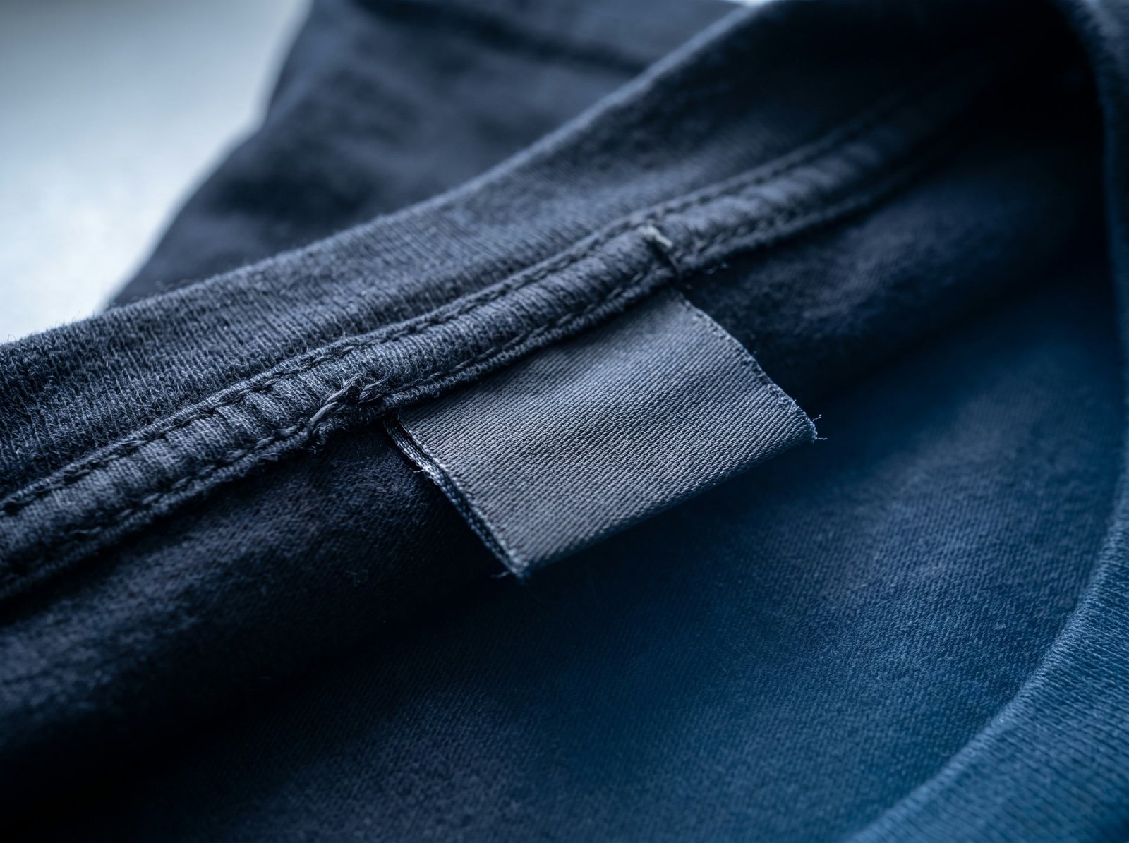 The inner hem of a black cotton shirt, a small woven tag lying flat against the seam.