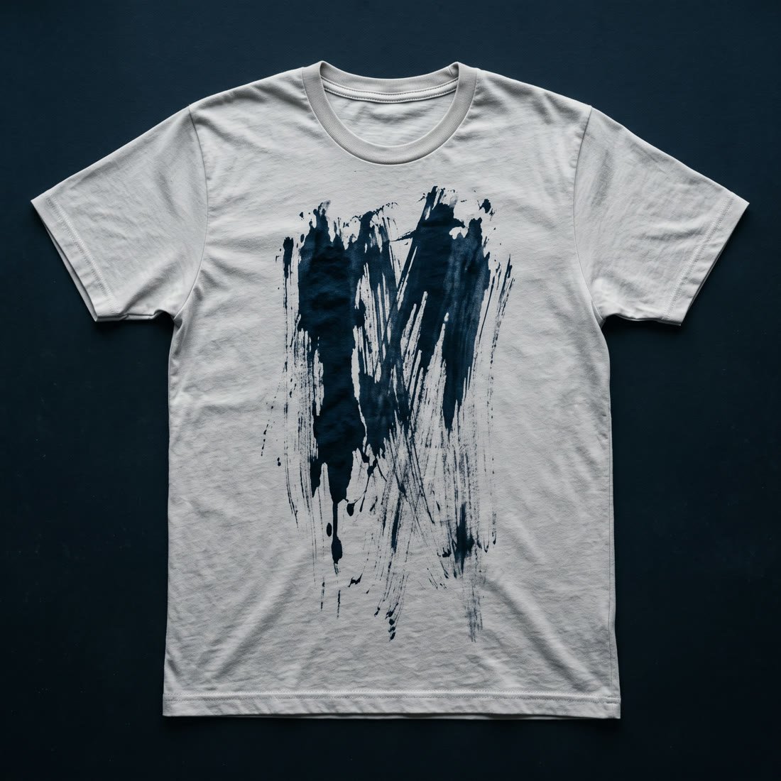 Drop 002, Night Shift: the same shirt carrying heavy ink streaks dragged downward across the chest, smeared and uneven.